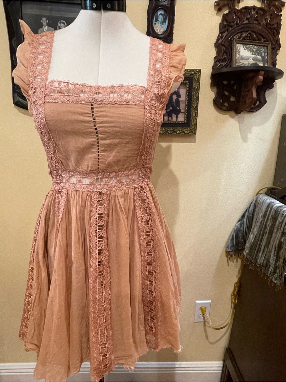 Free People Peach Boho Lace Mini Dress XS/S Raw Hem Prairie Fairycore